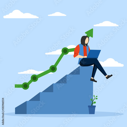 career ladder concept or achievement in work ,Woman career growth,Office person sitting on ladder with laptop computer and arrow pointing up. Flat design vector illustration
