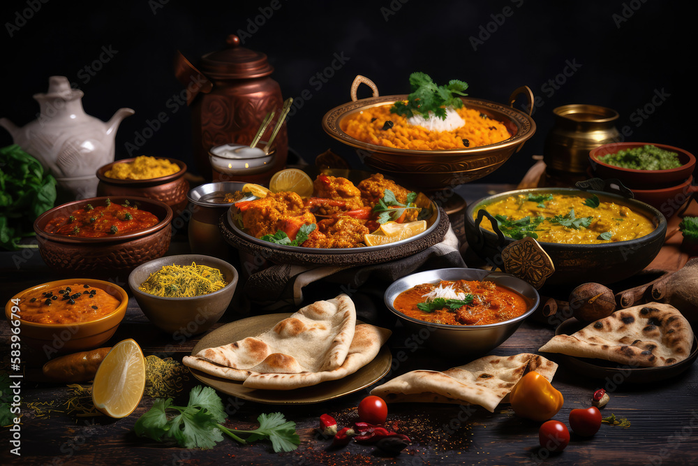 top view of Assorted indian food on dark wooden background. 