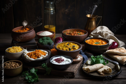 top view of Assorted indian food on dark wooden background. 
