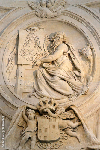 Notre-Dame du Val-de-Grace catholic church, Paris, France. Holy sacrament chapel. Relief depicting St Luke.