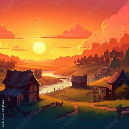 Sunset landscape and village
