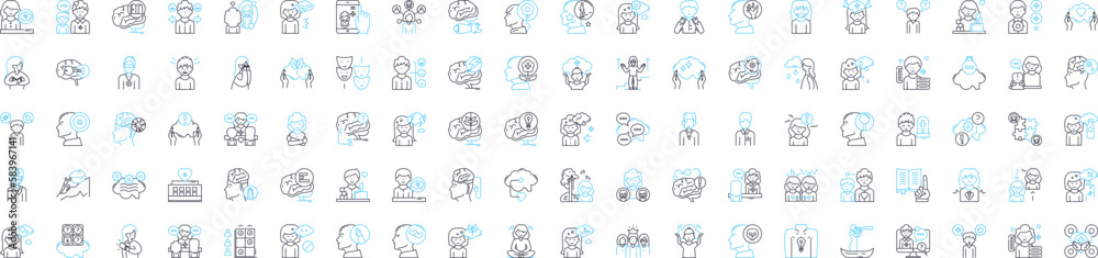 Mental health vector line icons set. Mental, health, psychological, wellbeing, stress, anxiety, depression illustration outline concept symbols and signs Mental health vector line icons set. Mental, health, psychological, wellbeing, stress, anxiety, depression illustration outline concept symbols and signs