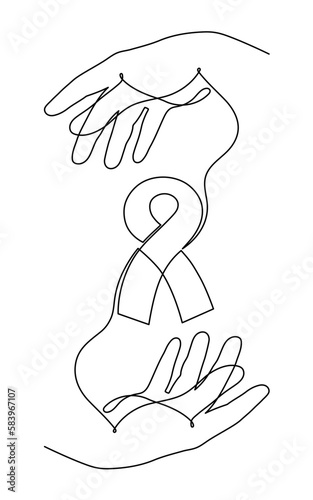 Hand with ribbon, world cancer day concept one-line art,fight against oncological disease hand drawn continuous contour,support and help decoration.Editable stroke.Isolated.Vector illustration