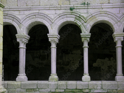 The arches of the monastery of Santo Estevo in Galicia are made of stone and covered with green moss.