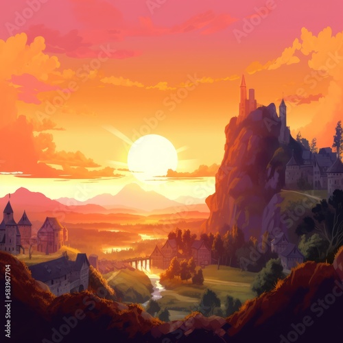 Sunset landscape and village, castle in the distance game art