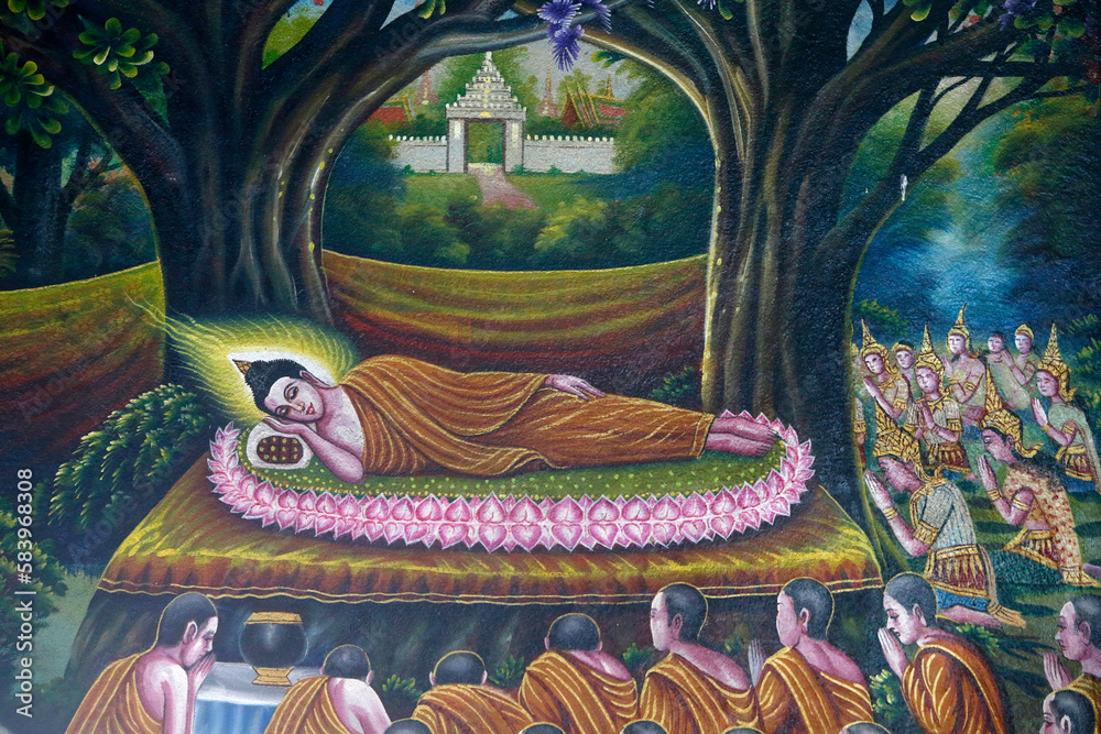 Fresco depicting the Buddha's entry into nirvana in Wat Chiang Mun, Chiang Mai. Buddha's entry