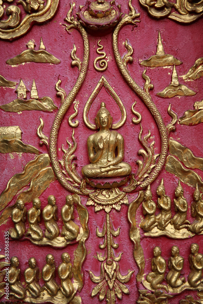 Art work in Wat Chai Mongkhon, Chiang Mai. The Buddha and his sangha. Thailand