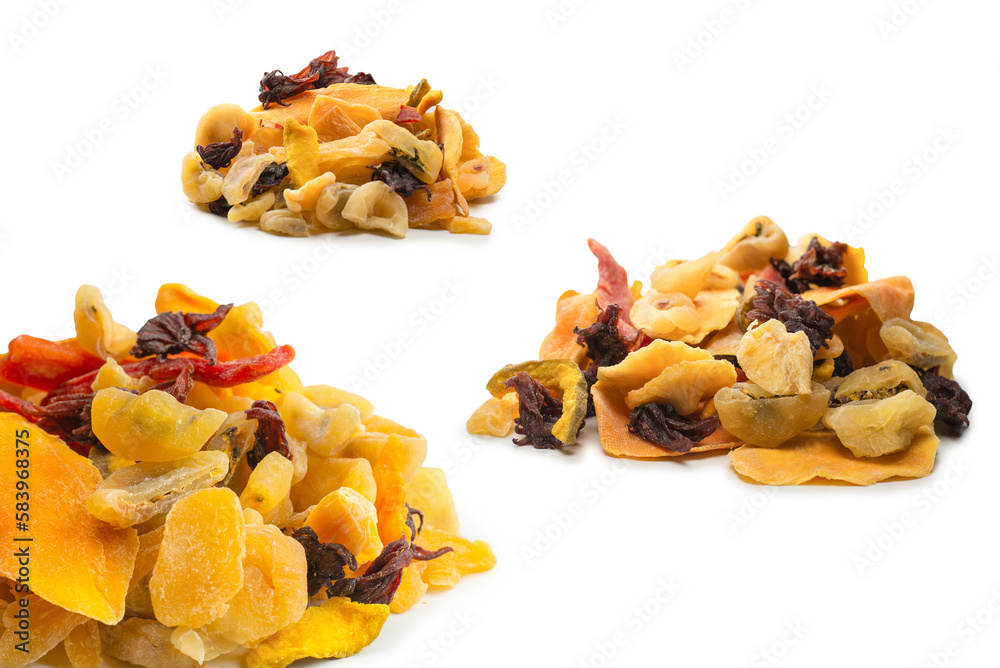 Mix of dried exotic fruit, mangos,slices of pineapples, passion fruit, papaya. Mix of dried exotic fruit, mangos,slices of pineapples, passion fruit, papaya.
