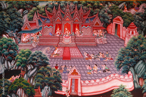 Fresco in Wat Ampharam, Hua Hin, Thailand. Narada Jataka, one of the Buddha's former lives. photo