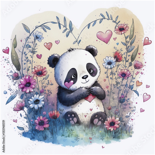 Valentine Day Watercolor animals, flowers and hearts love couple. Generative AI. photo