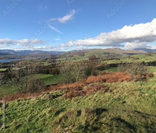Mountain View with rugged countryside and a dramatic blue sky background. Cumbria England. 