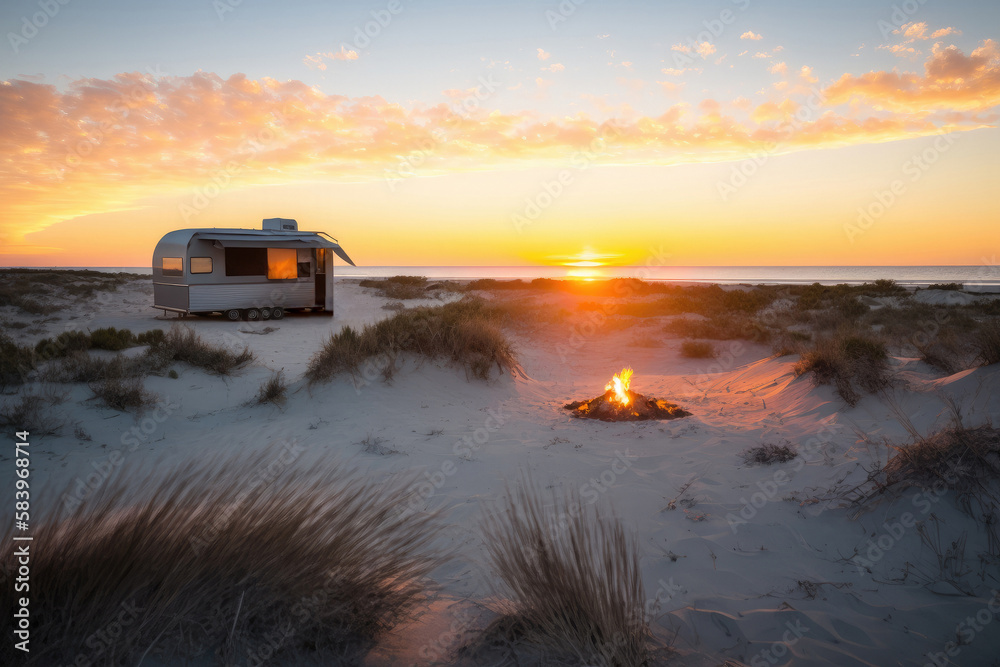 Old caravan parked on the beach at sunset next to a campfire. Sunset shot. Summer. Generative AI.
