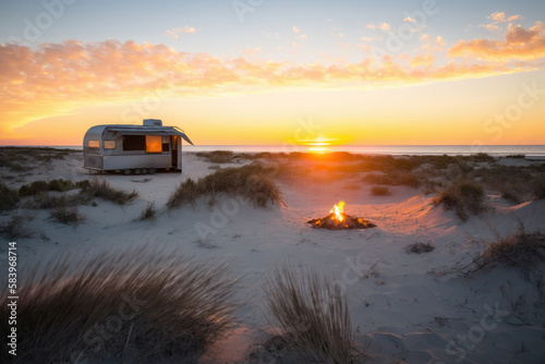 Old caravan parked on the beach at sunset next to a campfire. Sunset shot. Summer. Generative AI.