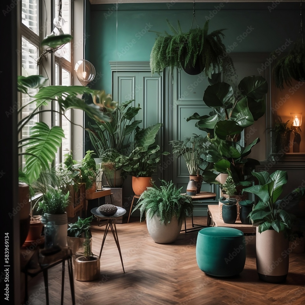 room interior with vase of cactus, 3d render Generative AI	
