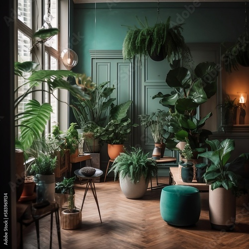 room interior with vase of cactus, 3d render Generative AI 