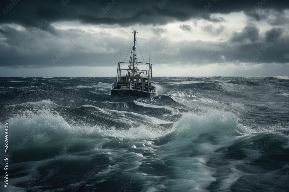 a stormy sea shot from a boat. Generative AI.