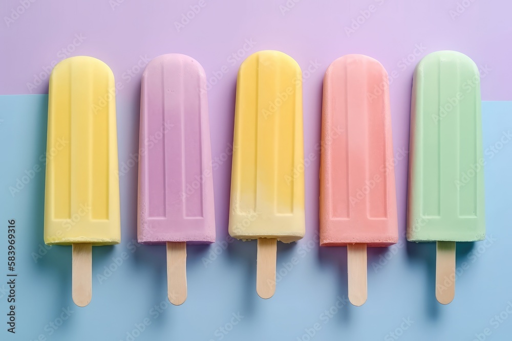 Fototapeta premium Ice cream popsicle treats on a colorful pastel background. Generative AI