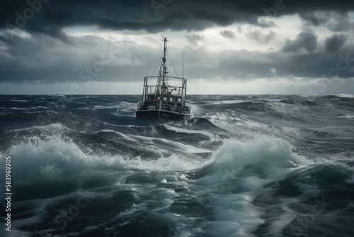 a stormy sea shot from a boat. Generative AI.