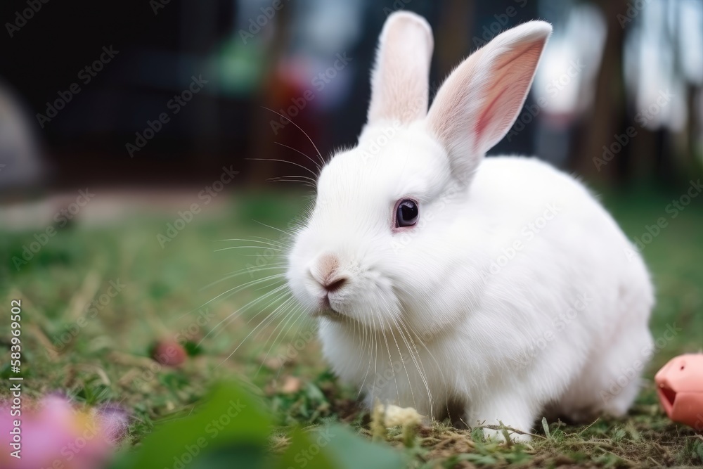 Adorable white rabbit on a green grass. Easter concept. Generative AI Adorable white rabbit on a green grass. Easter concept. Generative AI