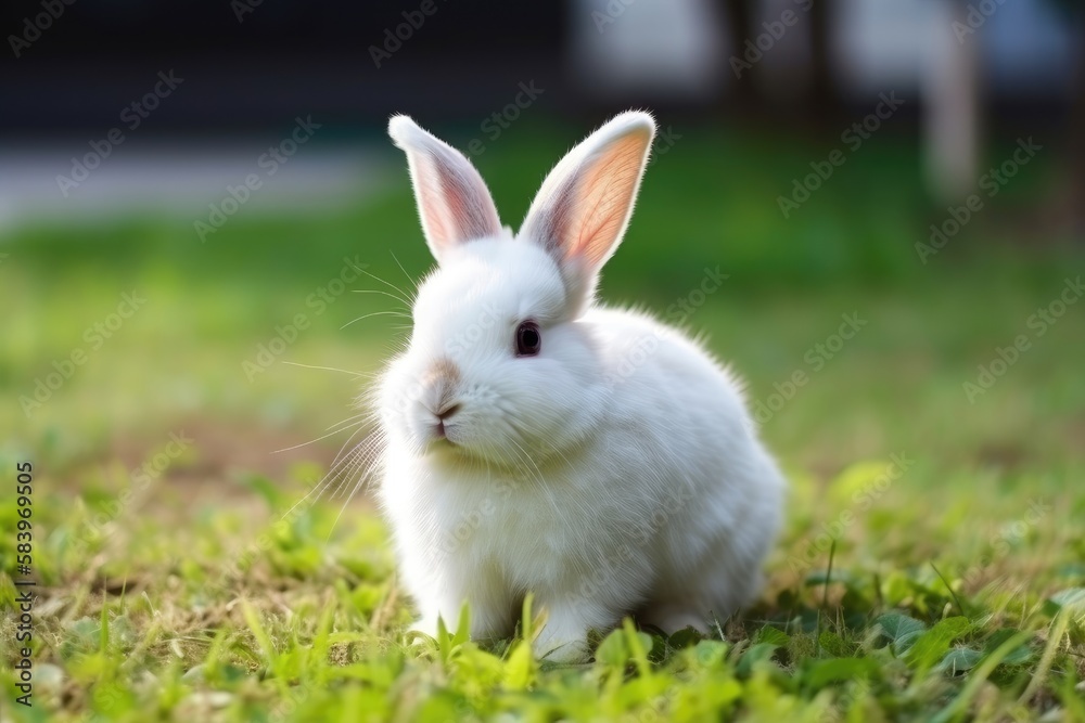 Adorable white rabbit on a green grass. Easter concept. Generative AI Adorable white rabbit on a green grass. Easter concept. Generative AI