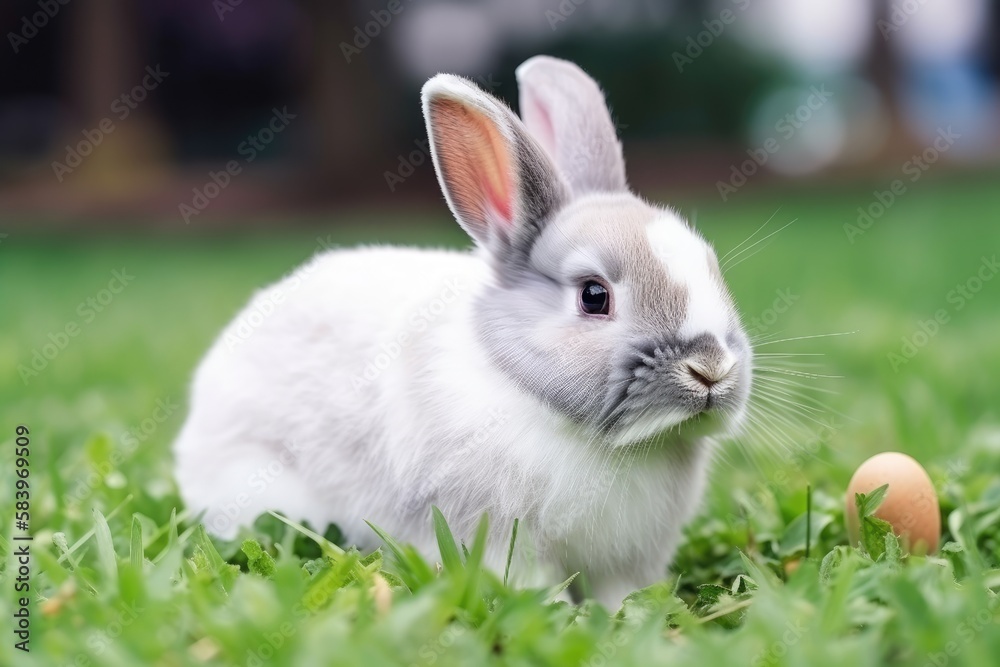 Adorable white rabbit on a green grass. Easter concept. Generative AI Adorable white rabbit on a green grass. Easter concept. Generative AI