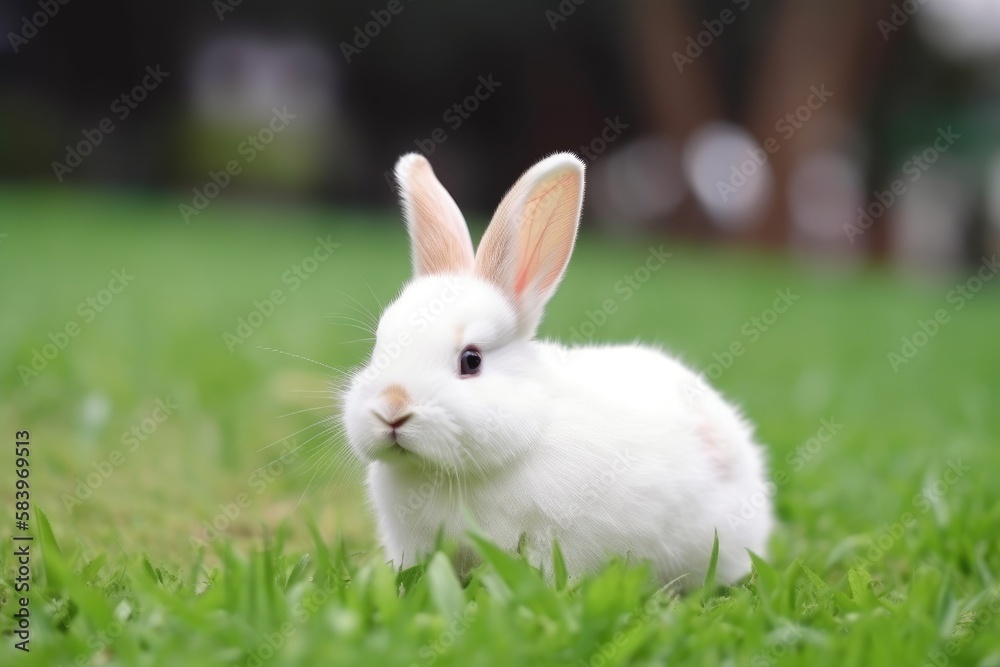 Obraz premium Adorable white rabbit on a green grass. Easter concept. Generative AI