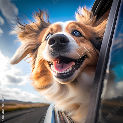 Happy Dog with Head Out  the car window. Generative AI © premiumdesign