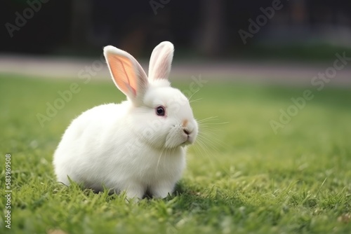 Adorable white rabbit on a green grass. Easter concept. Generative AI © Gelpi