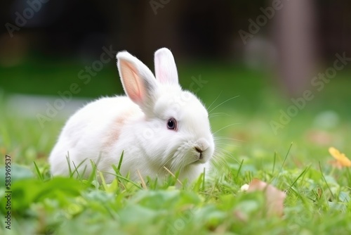 Adorable white rabbit on a green grass. Easter concept. Generative AI © Gelpi