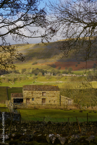 Ramshackle old farmhouse located in a valley illuminated by wintry sunlight with rolling hills and cloud shadows, Hawes, Wensleydale, Yorkshire Dales, England, UK.