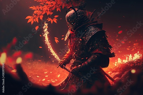 A samurai in a demonic red mask. Generative AI.