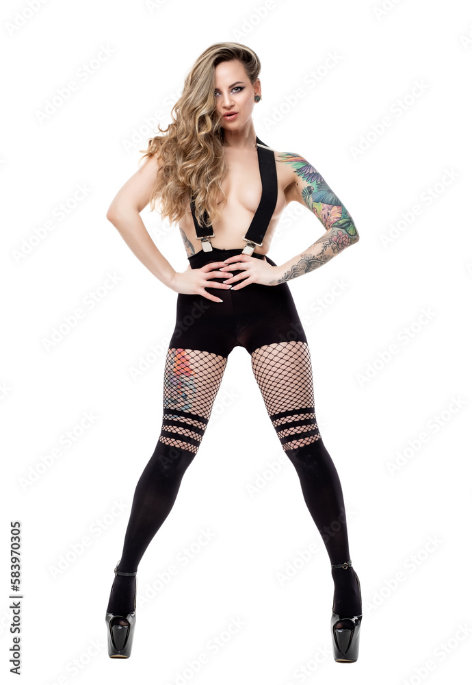 Beautiful young toplesswoman in tights, suspenders, and high stiletto heels Beautiful young toplesswoman in tights, suspenders, and high stiletto heels