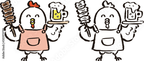 焼き鳥とビールを持ったニワトリの筆タッチイラスト　カラー・線画セット