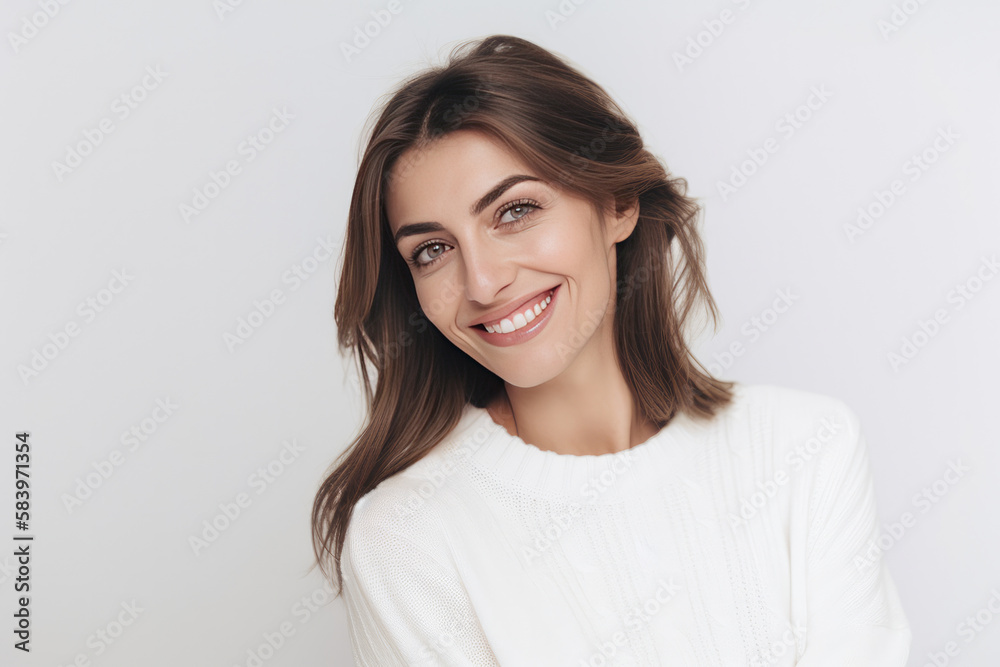 Woman smiling in a white sweater on a white background. Generative AI Woman smiling in a white sweater on a white background. Generative AI