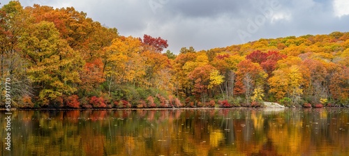 Autumn landscape view with lake reflecting yellow and red trees, cloudy sky in the background