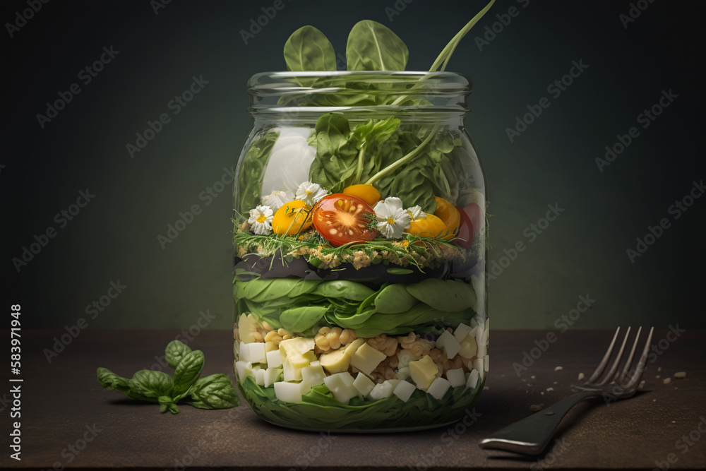 Salad in glass jar with dark background. Generative AI. Salad in glass jar with dark background. Generative AI.
