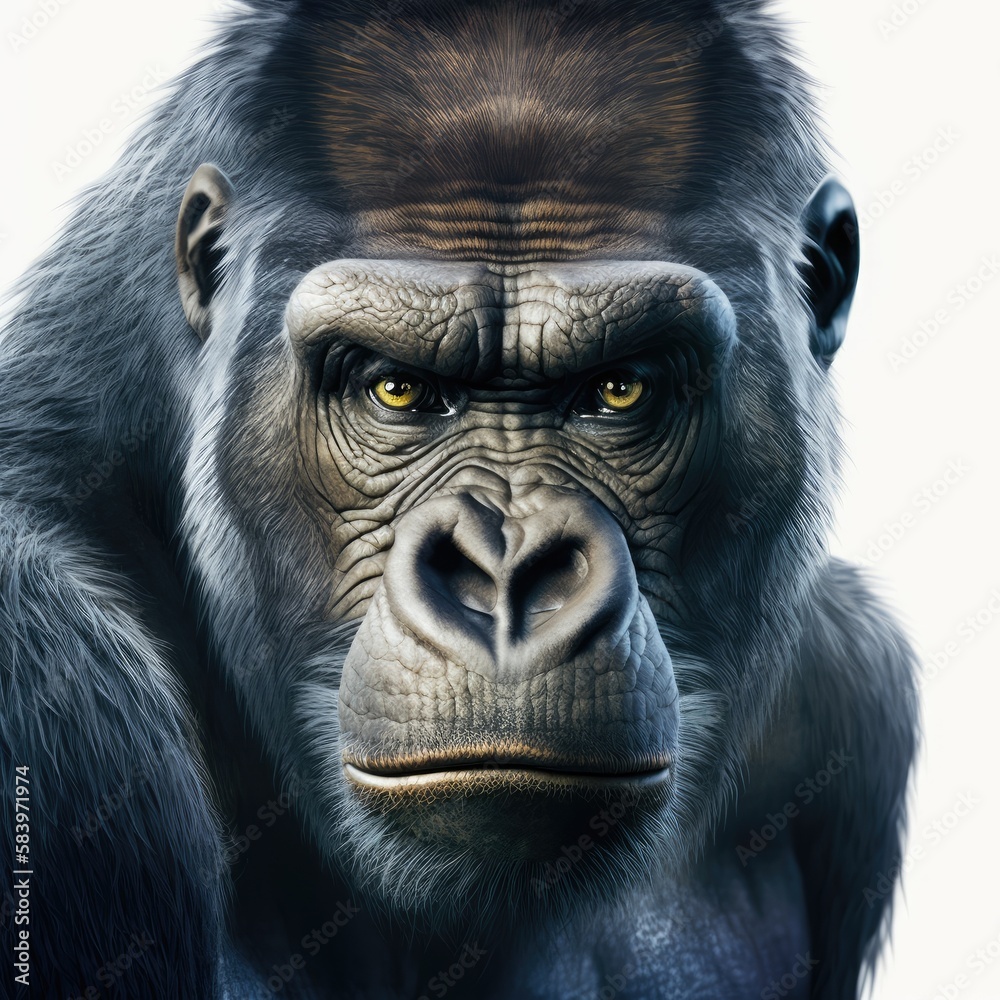 Photo of a medium bluish gorilla with yellow eyes sitting waiting looking straight ahead
