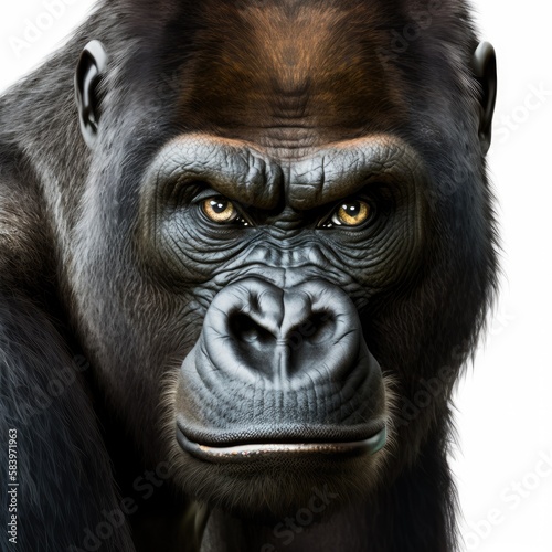 Photo of a gorilla sitting waiting looking straight ahead