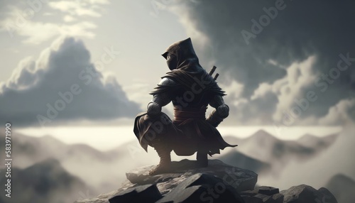 ninja sitting on the top of a mountain created with generative ai