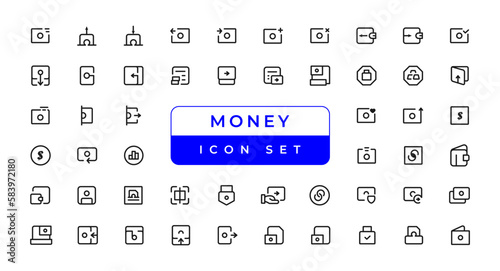 Money line icons. Set of Banking, Wallet and Coins icons. Credit card, Currency exchange and Cashback money service. Euro and Dollar, Cash wallet, exchange. Banking credit card, atm payment. 