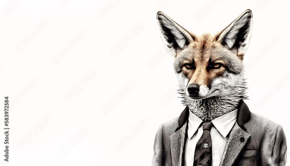 Fototapeta premium fox portrait in a suit on a light background. Jackal. AI generated