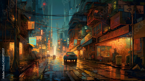 Chromatic Metropolis: A Futuristic Cityscape in Oil Painting, AI Generative