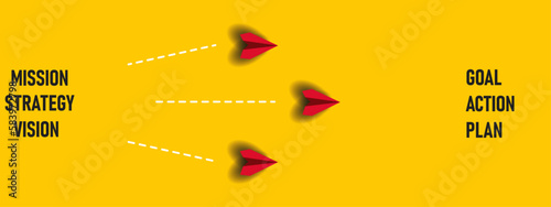 red plane flies from strategy,mission vision to plan, Goal action, completing strategy missions. Project tracking, goal tracking, task completion purpose, idea concept.