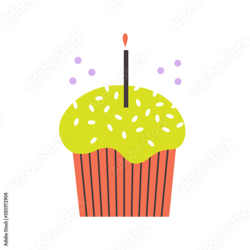 Cake with sprinkles and candle. Holiday card design. Colorful minimalist flat vector illustration.