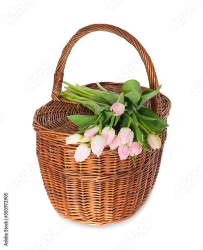 Bouquet of pink tulips in a basket
