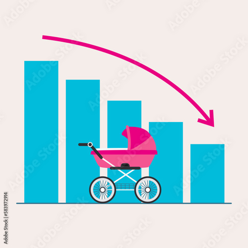 Declining birth rates concept illustration with baby carriage and graph 10 eps