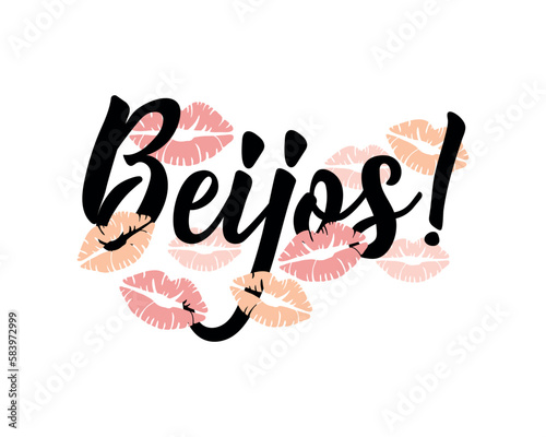 Kisses in Portuguese. Lettering. Ink illustration. Modern brush calligraphy. Beijos photo