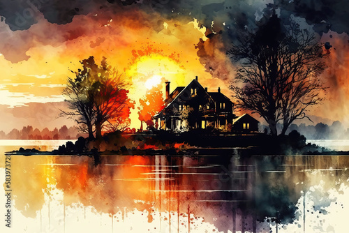 house and beach at sunset in style of aquarelle, ai generated