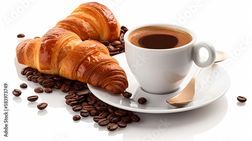 Cup of coffee and croissants with coffee beans on white background.generative ai
