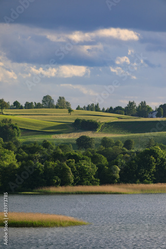 Summer on Kashubia: Beautiful pastoral landscape over the lake Klodno nea Zawory, Poland